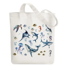 ANATTASOUL Canvas Tote Bag Cute Marine Animals with Shark Reusable Cotton Bag...
