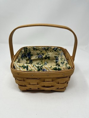 Longaberger Handwoven Rectangular berry Basket w/ Handle Floral Fabric Liner