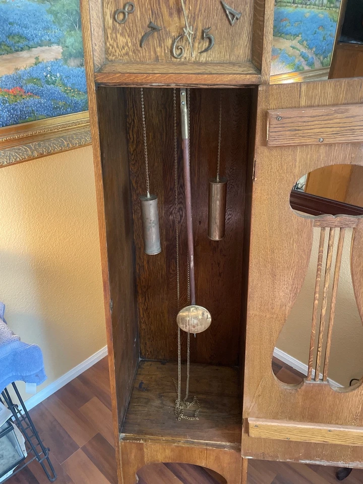 HUGE ANTIQUE MISSION STICKLEY GRANDFATHER TALL CASE CLOCK NEW HAVEN SERVICED - Image 3 of 4