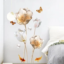 3D Flower Wall Art Stickers Gold Tulip Floral Wall Decals for Living Room Bed...