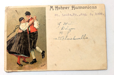 Postcard 1905, M. Hohner Harmonicas, illustration is dancing gypsies, by F Reils
