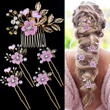 5 PCS Bridal Flower Wedding Hair Pins Crystal Pearl Hair Clips Headpiece Gold We