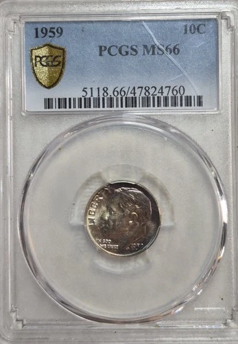 1959 P Roosevelt Silver Dime. PCGS GOLD MS 66. Rainbow Toning 🌈 A0646.