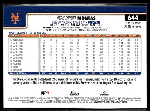 2025 Topps Series 2 Baseball #644 Frankie Montas - New York Mets - Picture 2 of 2