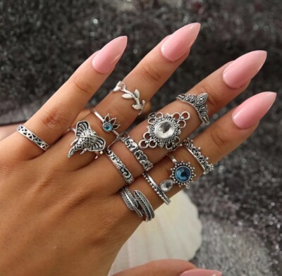 UK Delivery Set Ringe 12in1 Elefant blau Kristall Schmuck Geschenk Silber