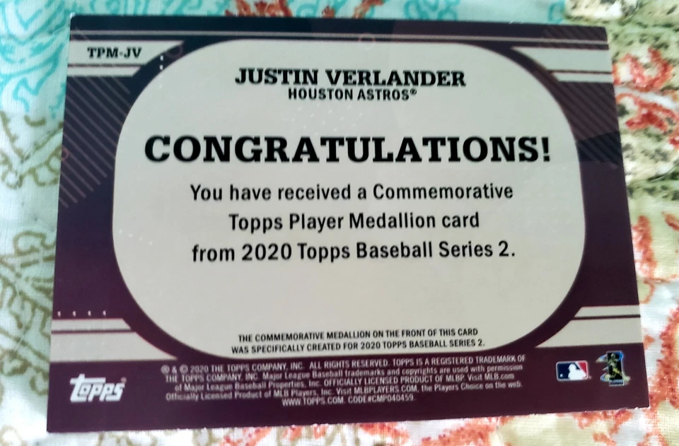 Justin Verlander 2020 Topps Series 2 Medallion Coin Card #TPM-JV Astros - Image 2 of 2