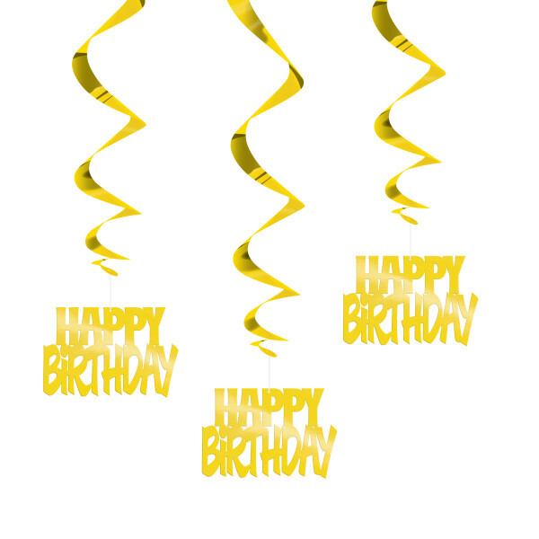Pack of 3 32"" Happy Birthday Gold Foil Hanging Swirl Decorations