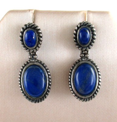 NOA .925 Sterling Silver Lapis Dangle Earrings Bali Filigree Boho Hippie