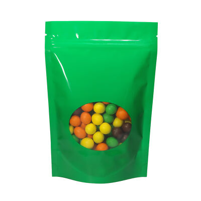 Reusable Glossy Green Stand-Up Zip Seal Pouch w/ Window in Many QTY (6.3x8.7'')