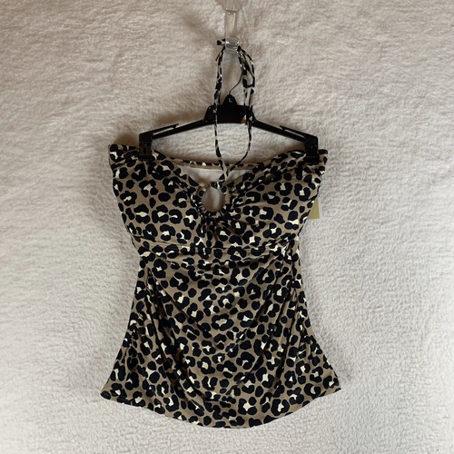 Michael Kors Bandini Swim Top Women's Large Black Leopard Print Logo Ring Summer