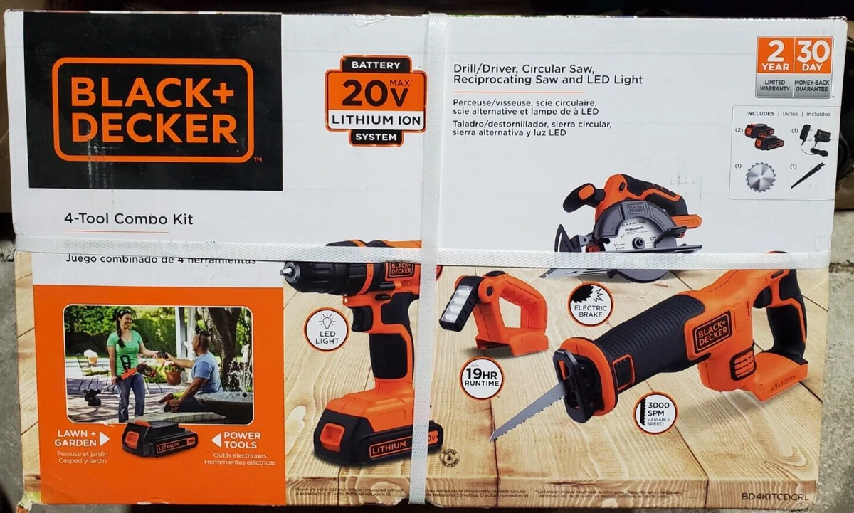 BLACK+DECKER 20V MAX Power Tool Combo Kit, 4-Tool Cordless Power Tool Set  with 2 Batteries and Charger (BD4KITCDCRL) 