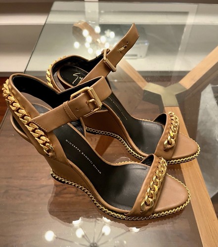 Giuseppe Zanotti Camel Leather Wedge Sandals Gold Chain Detail 42 | eBay