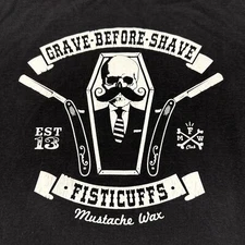Men’s Barber Graphic T-shirt Mustache Wax Fisticuffs “Grave Before Shave” 2X Tee