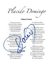LEGENDARY OPERA SINGER PLACIDO DOMINGO SIGNED FALLASTE CORAZON LYRIC SHEET w/COA