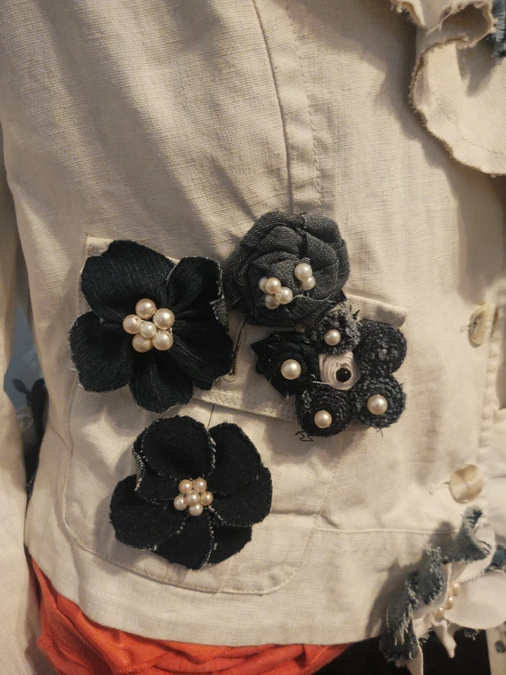 CAbi Cream Jacket Repurose With Denim flowers Big Buttons- Denim Ruffle Collar - Image 4 of 4