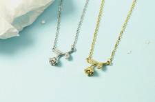 Silver/Gold Flower Rose Bud Pave Cubic Zirconia Pendant Chain Necklace