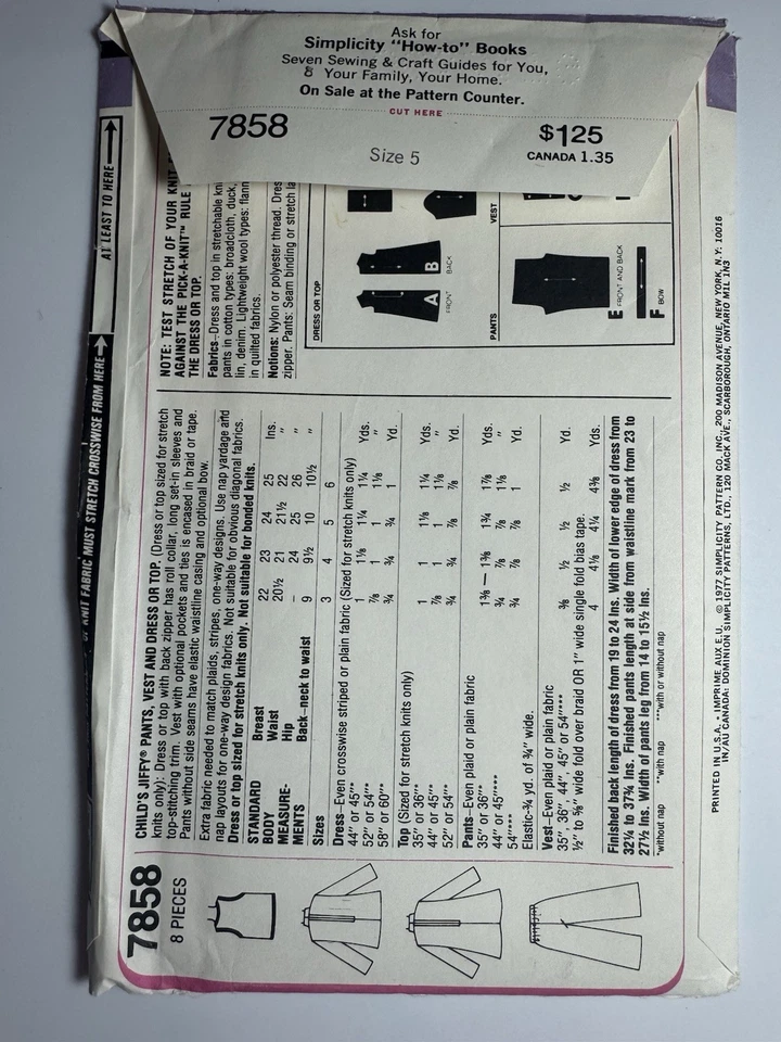 VTG Simplicity 7858 Children’s Jiffy Pants,Vest, Dress Or Top Stretch Child SZ 5 - Image 4 of 4
