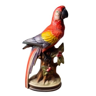 Vintage Ceramic Parrot Figurine Scarlet Macaw on Tree Stump Tropical Decor Red
