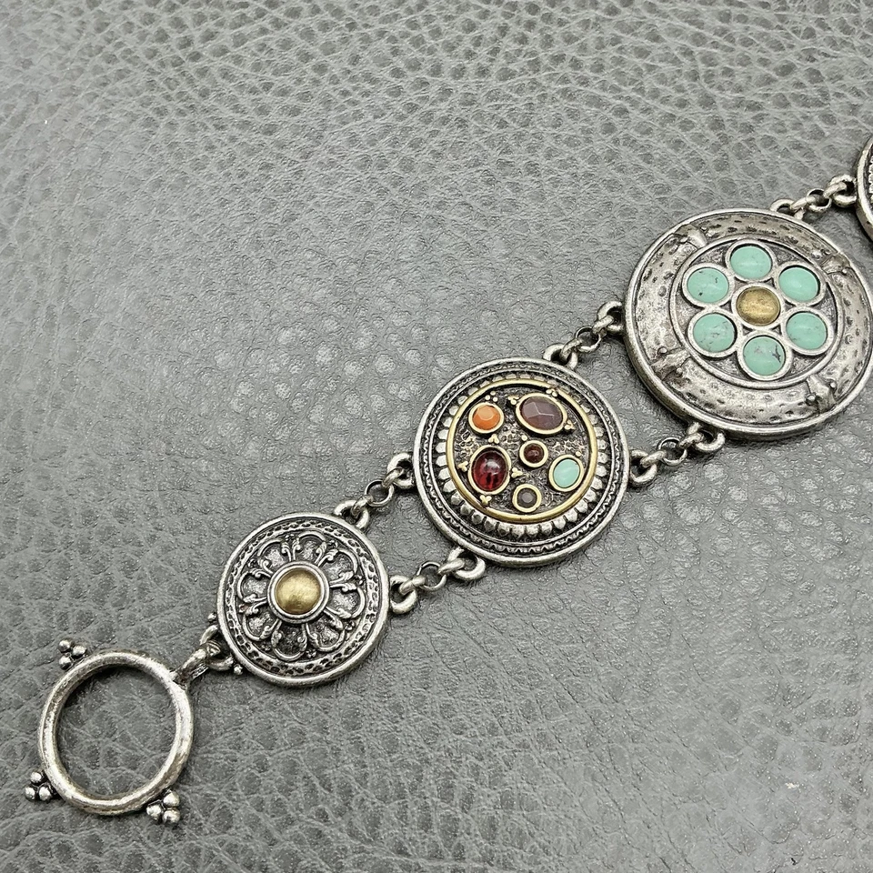 Pulsera medallón boho marca Lucky cierre palanca tono plata turquesa declaración Foto 3 de 4