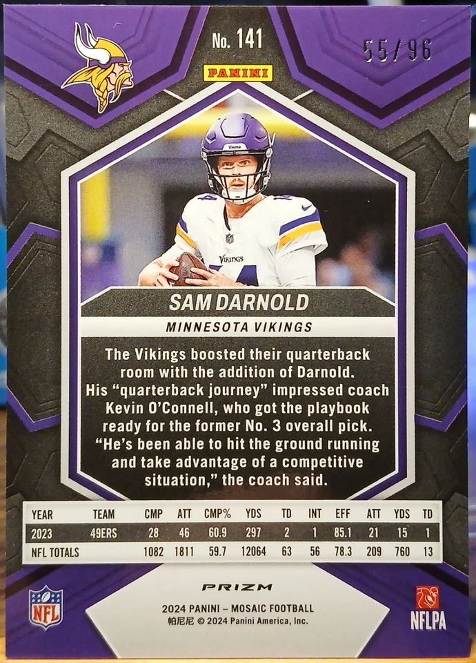 Sam Darnold Minnesota Vikings Blue Sparkle/96 SP 2024 Panini Mosaic #141 casi nuevo-como nuevo Foto 2 de 2