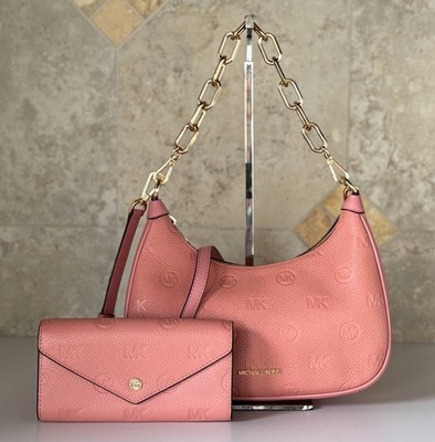 Michael Kors Cora LG Shoulder Chain Crossbody Bag + Wallet Embossed MK Primrose