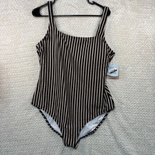 Women's Striped Ribbed Full Coverage One Piece Swimsuit - Shade  Shore Black L