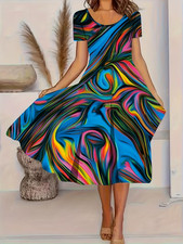 PLUS SIZE 26 MULTICOLOUR STRIPED  SKATER DRESS STRETCH LIGHTWEIGHT SHORT SLEEVE