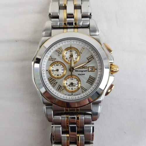 Men's SEIKO ALARM CHORNOGRAPH SNA526P1 Bi Coloured Watch Paperwork & Box