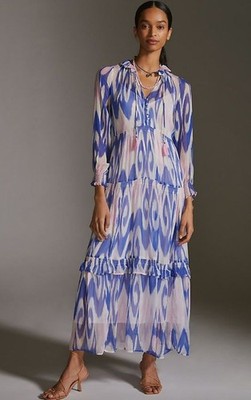 Anthropologie The Marais Chiffon Maxi Dress Ikat Blue Pink XXS NEW