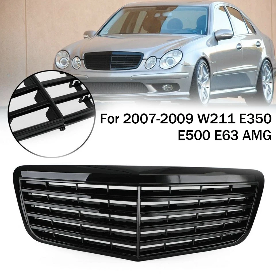 Gloss Black Front Grille Grill For 2007-09 Mercedes Benz W211 E-Class E350 E500 Foto 3 de 4