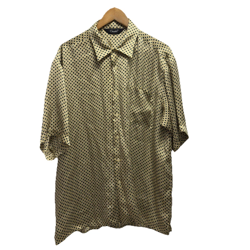 Camisa Genelli De Colección Para Hombre L Amarilla/Negro Cuadrados Geométricos Satén Seda Botón Frontal Foto 2 de 4