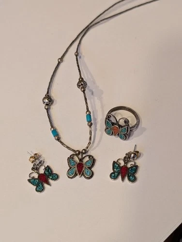 Vintage Native Like Butterfly Silver Turquoise Pendant Necklace Ring Earrings