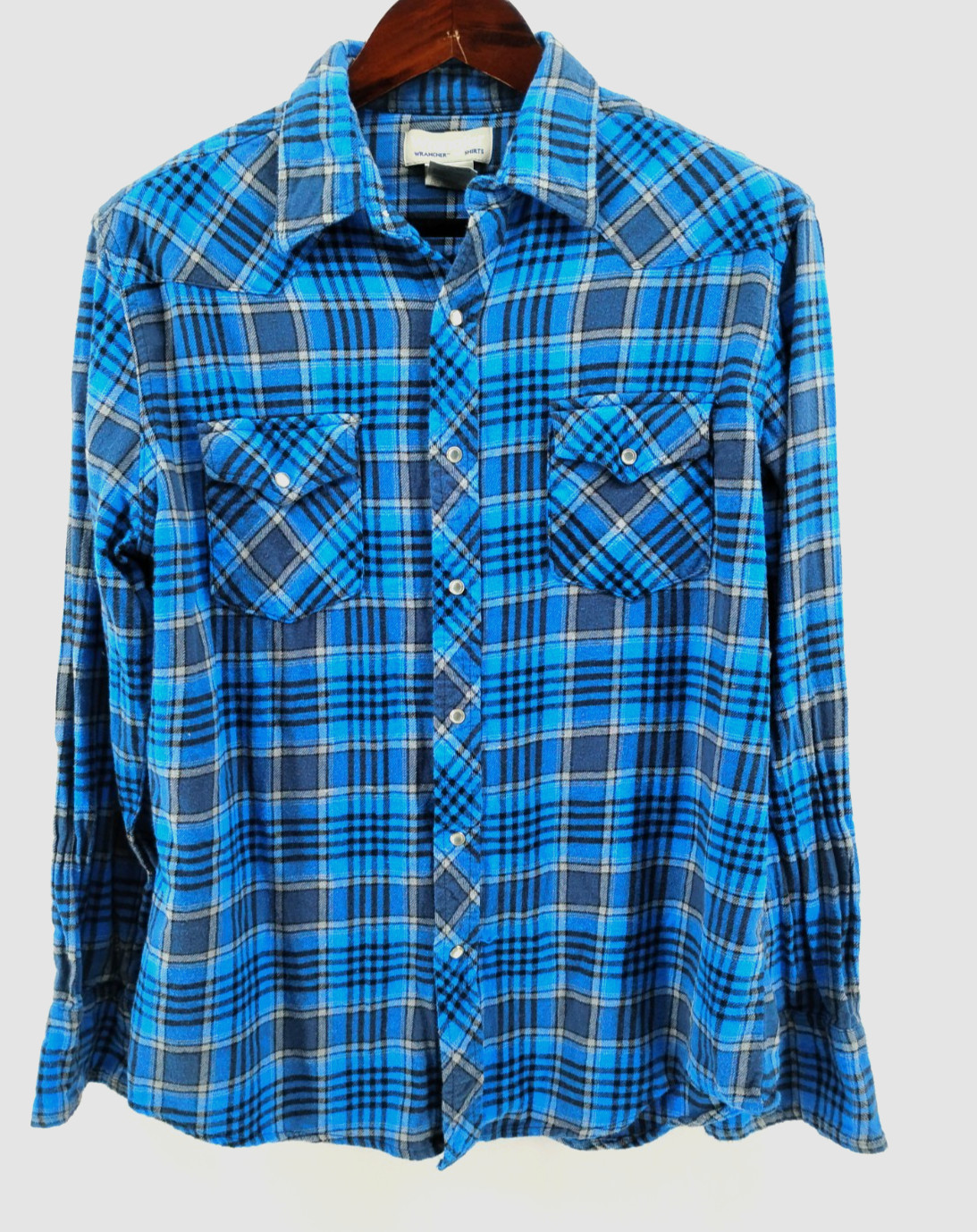 Wrangler Wrancher Shirt blue plaid flannel mens size large b