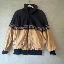 Navy Blue and Tan Y2K Vintage 90s Jacket Knit Patterned Trim sz. M