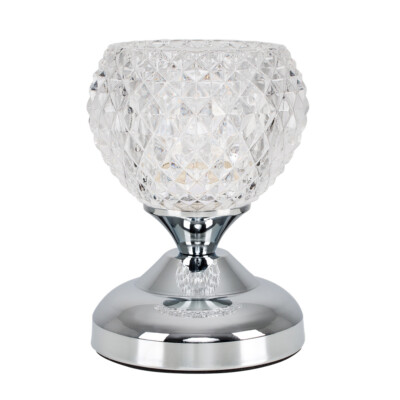 Nachttischlampe Touch Chrom 17 cm hoch Leuchte Diamant Glasschirm LED Birne