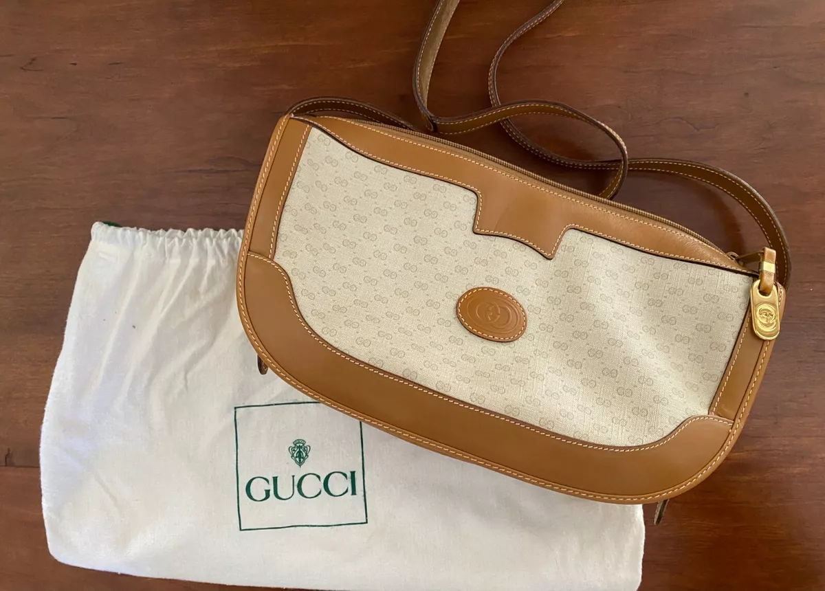 Vintage Genuine Gucci Handbag / Purse with Strap - Ivory With Brown Leather  MINT