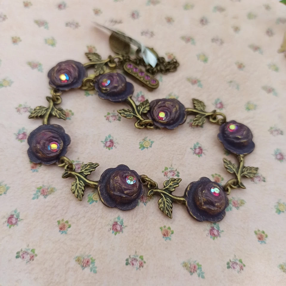 Michal Negrin Bracelet Purple Roses Pink AB Aurora Borealis Crystals Statement - Изображение 4 из 4