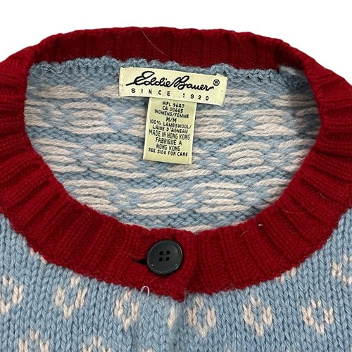 VTG Eddie Bauer Nordic Fair Isle Lambswool Cardigan Women Size M Blue Sweater - Picture 2 of 11