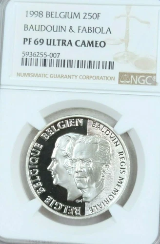 1998 BELGIUM SILVER 250 FRANCS BAUDOUIN & FABIOLA NGC PF 69 ULTRA CAMEO TOP POP 