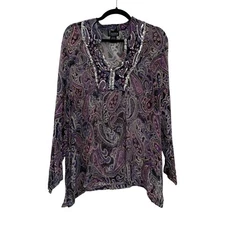 NY Collection 100% Silk Sheer 1X Blouse Sheer Boho Sequin Plus Size 1X