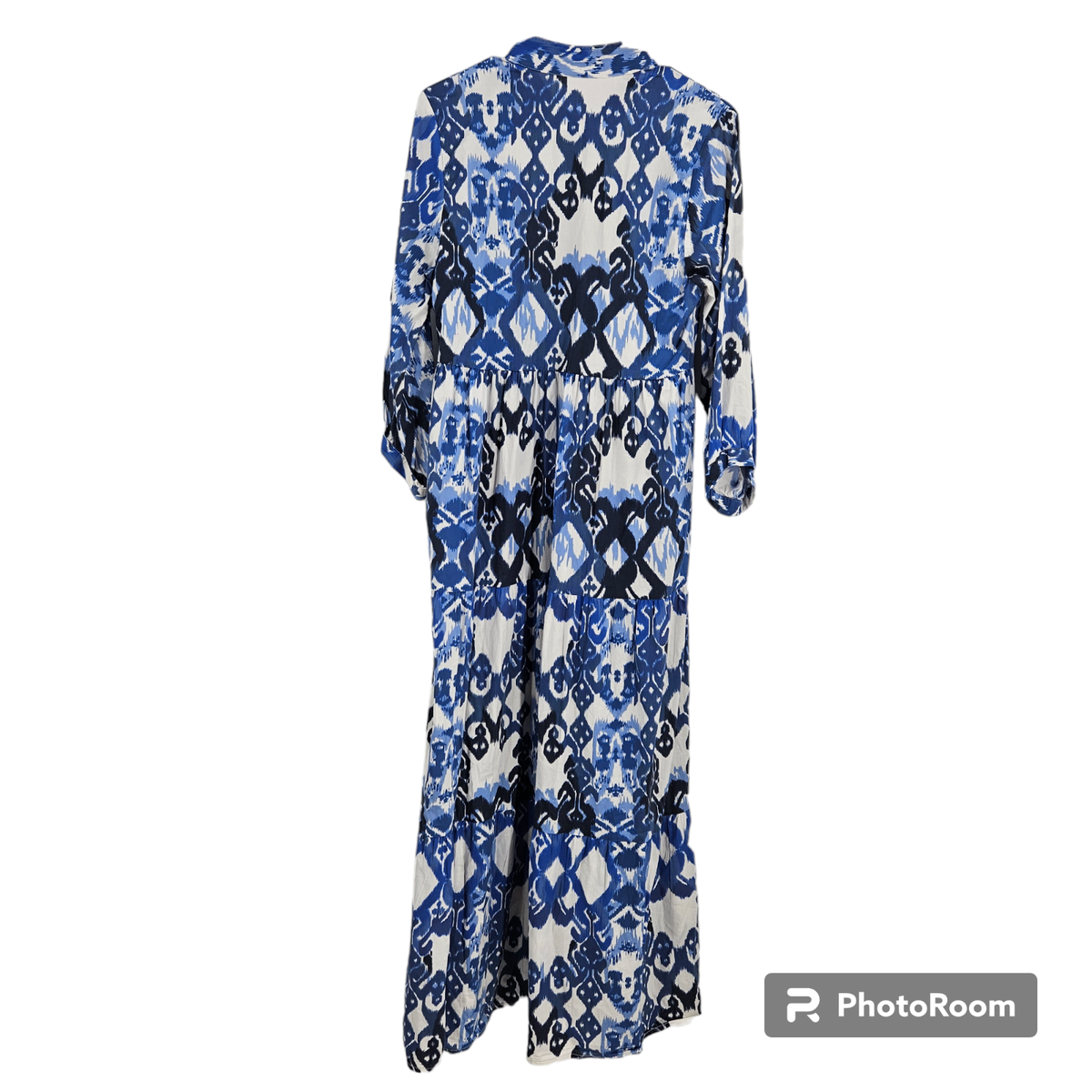 blue and white aztec dress Azure Blue Aztec Printed Tiered Short Collared Mid Button Dress with Side Pockets L main image 1
