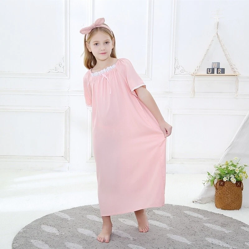 Kids Cotton Nightdress Lace Pajamas Girls Sleepwear Nightgown Short Sleeve Home