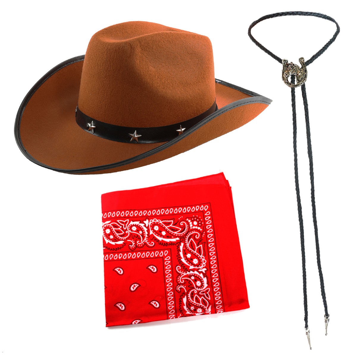 BROWN STUDDED COWBOY HAT BANDANA TIE WILD WESTERN FANCY DRESS