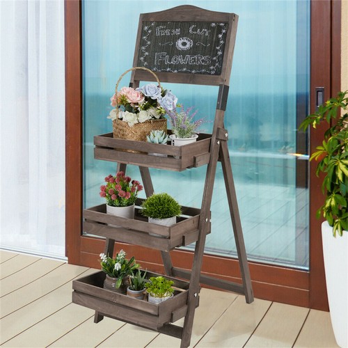 Wood A-Frame Sidewalk Menu Chalkboard Plant Stand Flower Rack w 3 Removable Tray - Picture 3 of 12
