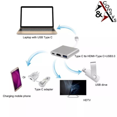 Hub 3in1 USB Type C to to USB 3.0 USB C HDMI 4K 1080P UHD Adapter PD Mac Samsung