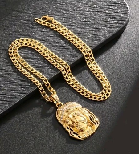 Gold Jesus Pendant Necklace with Silver Rhinestones In Gift Box - Picture 3 of 4