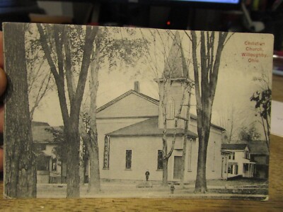 J2 Vintage Old Rare OHIO Postcard WILLOUGHBY Christian Church Wooden Frame RAZED