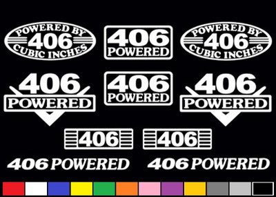 10 DECAL SET 406 CI V8 POWERED ENGINE STICKER EMBLEMS BORED SBC .030 ...