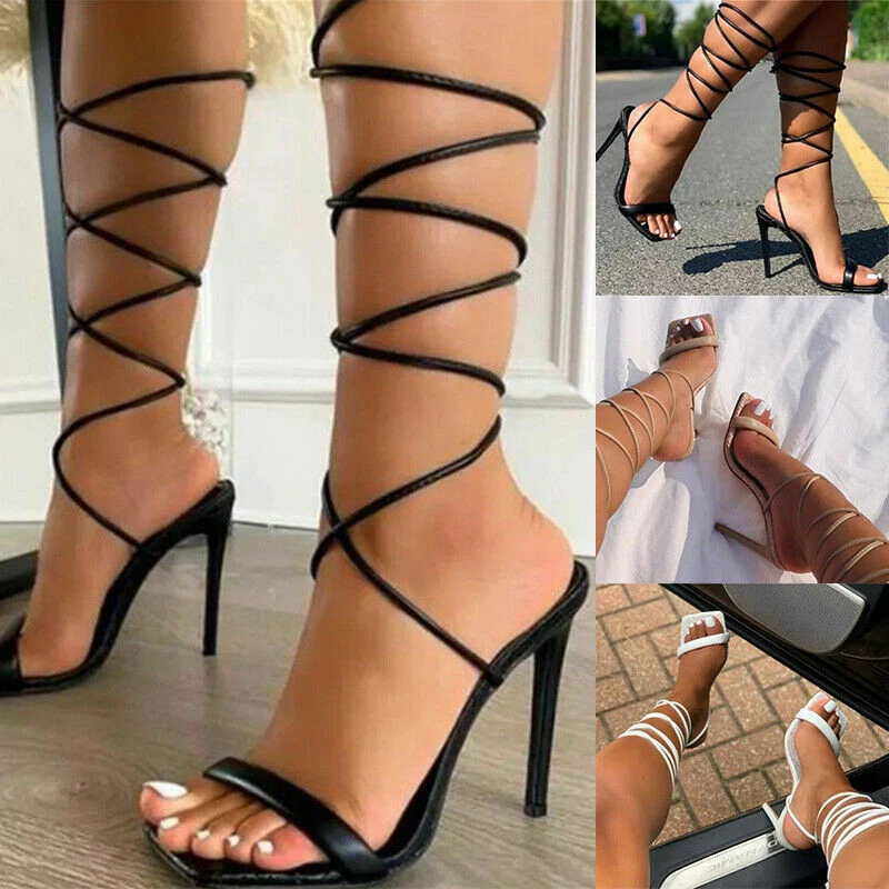 WOMENS HIGH HEELS SANDALS STILETTOS GLADIATOR PEEP TOES LACE UP STRAPPY  SHOES