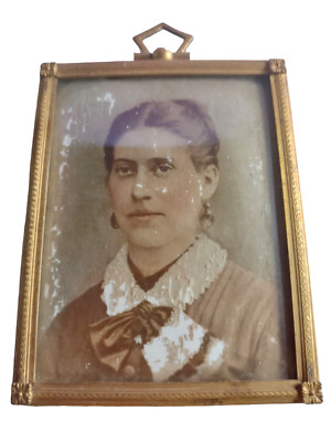 Antique Photo Portrait Lady Woman Glass & Brass Color Metal Frame 3.5''x 2 3/4''